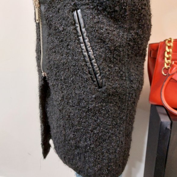 💥EDGY CHIC💥QUILTED LAMBSKIN LEATHER SLEEVES MOHAIR MOTO COAT in BLACK - Picture 12 of 16